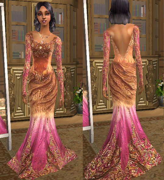 Mod The Sims - Brown and pink brocade gown (requested)